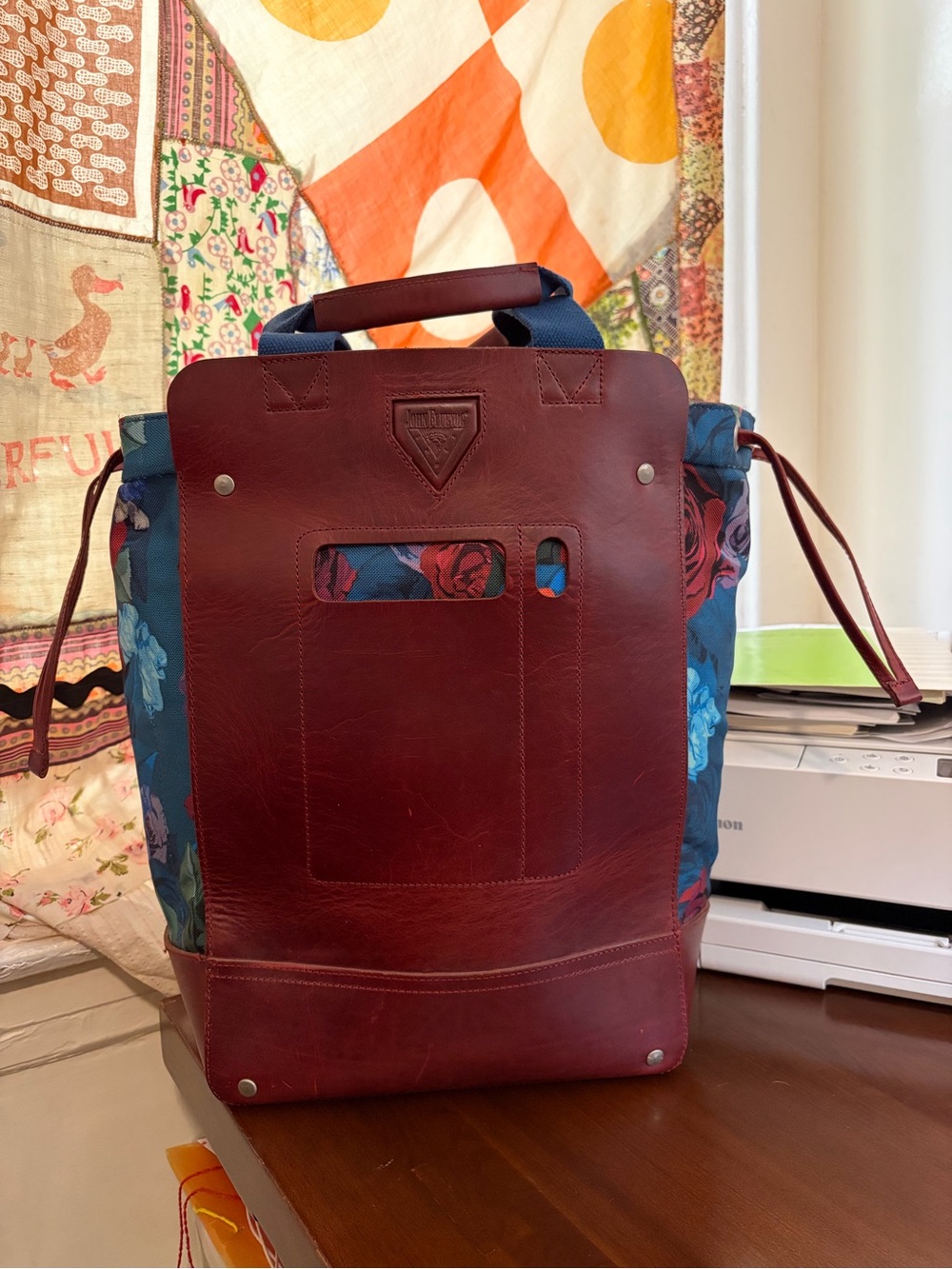 John Fluevog Leather & Floral Canvas Large Tote Bag